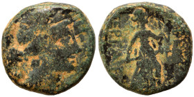 PAMPHYLIA. Perge. Circa 200-100 BC. Ae (bronze, 3.70 g, 15 mm). Jugate heads of Apollo and Artemis. Rev. ΠEPΓA[...] Artemis advancing left, holding to...