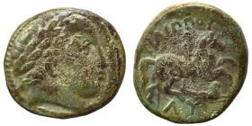 KINGS of THRACIA. Lysimachos. As Satrap, 323-305 BC Ae (bronze, 5.08 g, 18 mm). Lysimachia, in the name and types of Philip II, circa 320-317 BC. Laur...