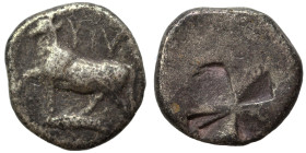 THRACE. Byzantion. Circa 4th cent. BC. (silver, 1.95 g, 12 mm). YΠ Y above bull standing left on dolphin. Rev. Incuse mill-sail pattern. Moushmov 3210...