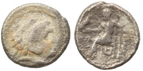 KINGS of MACEDON. Alexander III the Great, 336-323 BC. Obol (silver, 0.65 g, 10 mm). Head of Herakles to right, wearing lion skin headdress. Rev. AΛEΞ...