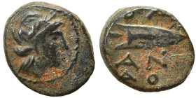SELEUKID KINGS of SYRIA. Antiochos I Soter, 281-261 BC. Ae (bronze, 0.85 g, 10 mm), Sardes. Laureate head of Apollo right. Rev. BA AN / ΑΘ Arrowhead. ...