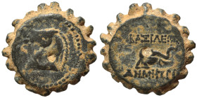 SELEUKID KINGS of SYRIA. Demetrios I Soter, 162-150 BC. Ae Serrate (bronze, 4.77 g, 17 mm), Antioch. Head of horse left. Rev. BAΣIΛEΩΣ ΔHMHTPIOY Head ...