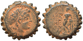 SELEUKID KINGS of SYRIA. Antiochos VI Dionysos, 144-141 BC. Ae Serrate (bronze, 9.44 g, 21 mm), Ake-Ptolemais. Radiate and diademed head right. Rev. B...