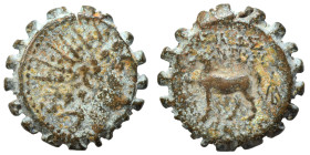 SELEUKID KINGS of SYRIA. Antiochos VI Dionysos, 144-141 BC. Ae Serrate (bronze, 3.07 g, 15 mm), Ake-Ptolemaïs(?). Radiate, diademed head right. Rev. B...