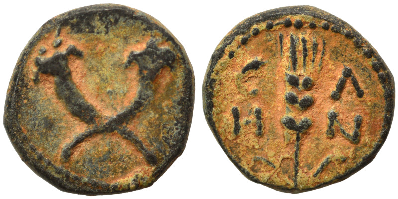 Uncertain. Ae (bronze, 1.82 g, 12 mm). E-Λ / H-N Ear of grain. Rev. Crossed corn...