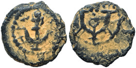 JUDAEA. Herodians. Herod I, 40-4 BC. Prutah (bronze, 1.58 g, 14 mm), Jerusalem. Anchor. Rev. Double cornucopiae; caduceus between, pellets above. Mesh...