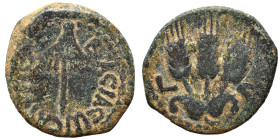 JUDAEA. Herodians. Agrippa I, 37-43. Prutah (bronze, 2.32 g, 17 mm), Jerusalem. Umbrella-like canopy with fringes. Rev. Three grain ears; L ς (date) f...