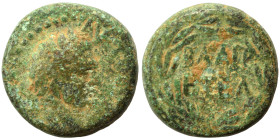 JUDAEA. Herodians. Agrippa II, with Domitian, circa 50-100 AD. Ae (bronze, 3.34 g, 14 mm), Caesarea Panias. Laureate head right. Rev. ΒΑ ΑΓΡ / ΕΤ ΕΛ w...