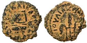 JUDAEA. Procurators. Pontius Pilate, 26-36. Prutah (bronze, 1.01 g, 13 mm). Simpulum. Rev. Three grain ears. Meshorer 331; Hendin 6370. Repatinated, g...
