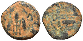 JUDAEA. Procurators. Pontius Pilate, 26-36. Prutah (bronze, 1.93 g, 16 mm). Simpulum. Rev.Three grain ears. Meshorer 331; Hendin 6370. Fine.