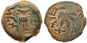 JUDAEA. First Jewish War, 66-70 AD. Prutah (bronze, 3.08 g, 17 mm). Amphora. Rev. Vine leaf on branch with tendril. Hendin 1360; Meshorer 196. Nearly ...