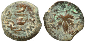 JUDAEA. First Jewish War, 66-70 AD. Prutah (bronze, 3.22 g, 18 mm). Amphora. Rev. Vine leaf on branch with tendril. Hendin 1360; Meshorer 196. Nearly ...