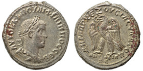 SYRIA, Seleucis and Pieria. Antioch. Philip II, 247-249. Tetradrachm (billon, 12.15 g, 27 mm). Laureate, draped and cuirassed bust right. Rev. ΔΗΜΑΡΧ ...