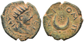 MESOPOTAMIA. Carrhae. Caracalla, 198-217. Ae (bronze, 3.41 g, 17 mm). Radiate head right. Rev. KAPKO MHTPO Star within crescent. SNG Cop 176. Nearly v...