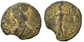 MESSENIA. Mothone. Caracalla, 198-217. Assarion (bronze, 3.54 g, 21 mm). Laureate, draped and cuirassed bust right. Rev. [MOΘ]Ω-NAIΩN Athena standing ...