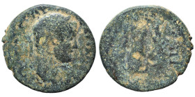 Provincial. Circa 2nd-3rd cent. AD. Ae (bronze, 5.20 g, 21 mm). Laureate bust right. Rev. Ascleipius (?) standing left, leaning on serpent-entwined sc...