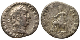 Vitellius, 69. Denarius (silver, 2.77 g, 18 mm), Rome. A VITELLIVS GERM IMP AVG TR P Laureate head right. Rev. CONCORDIA P R Concordia, draped, seated...
