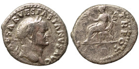 Vespasian, 69-79. Denarius (silver, 3.23 g, 17 mm), Tarraco(?). IMP CAESAR VESPASIANVS AVG Laureate head right. Rev. COS ITER TR POT Pax seated left, ...