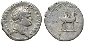 Domitian, as Caesar, 69-81. Denarius (silver, 3.03 g, 18 mm), Rome. CAESAR AVG F DOMITIANVS Laureate head right. Rev. COS IIII Pegasus standing right,...