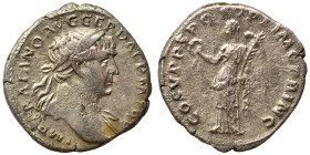 Trajan, 98-117. Denarius (silver, 3.08 g, 18 mm), Rome. IMP TRAIANO AVG GER DAC P M TR P Laureate bust right, drapery on left shoulder. Rev. COS V P P...