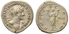 Hadrian, 117-138. Denarius (silver, 2.90 g, 19 mm), Rome. IMP CAESAR TRAIAN HADRIANVS AVG Laureate bust of Hadrian right, drapery on far shoulder. Rev...