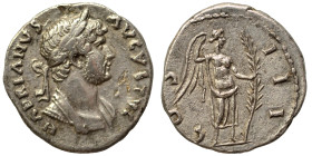 Hadrian, 117-138. Denarius (silver, 2.61 g, 17 mm), Rome. HADRIANVS AVGVSTVS Laureate, cuirassed bust right. Rev. COS III Victory standing right, hold...