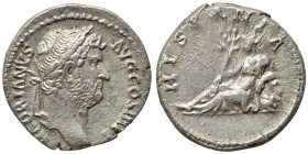 Hadrian, 117-138. Denarius (silver, 3.10 g, 18 mm), Rome. HADRIANVS AVG COS III P P Laureate head right. Rev. HISPANIA Hispania reclining left, holdin...