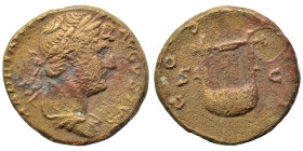Hadrian, 117-138. Semis (bronze, 4.41 g, 18 mm), Rome. HADRIANVS AVGVSTVS Laureate, draped, and cuirassed bust right. Rev. COS III / S - C Lyre. RIC 7...