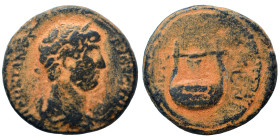 Hadrian, 117-138. Semis (bronze, 4.60 g, 19 mm), Rome. HADRIANVS AVGVSTVS Laureate bust right. Rev. COS III, S-C Lyre. RIC 684-688. Repatinated, nearl...