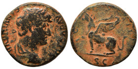 Hadrian, 117-138. Quadrans or Semis (orichalcum, 3.74 g, 18 mm), Rome. HADRIANVS AVGVSTVS Laureate and draped bust right. Rev. COS III Griffin seated ...