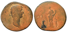 Hadrian, 117-138. Dupondius (bronze, 8.88 g, 27 mm), Rome. Radiate head right. Rev. Hilaritas standing left, holding long palm frond and cornucopia; t...