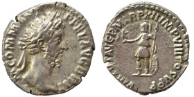 Commodus, 177-192. Denarius (silver, 2.64 g, 18 mm), Rome. M COMM ANT P FEL AVG BRIT Laureate head right. Rev. VIRTVT AVG P M TR P XII IMP VIII COS V ...