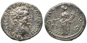 Septimius Severus, 193-211. Denarius (silver, 2.78 g, 17 mm), Emesa. IMP CAE L SEP SEV PERT AVG COS II Laureate head right. Rev. MONET AVG Moneta stan...