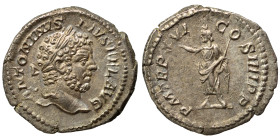 Caracalla, 198-217. Denarius (silver, 3.05 g, 19 mm), Rome. ANTONINVS PIVS FEL AVG Laureate head right. Rev. P M TR P XVI COS IIII P P Serapis standin...