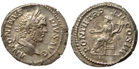 Caracalla, 198-217. Denarius (silver, 3.64 g, 19 mm), Rome. ANTONINVS PIVS AVG Laureate head right. Rev. PONTIF TR P XII COS III Concordia seated left...