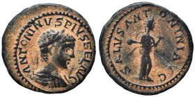 Caracalla or Elagabalus, circa 198-222. Limes Denarius (bronze, ). ANTONINVS PIVS FEL AVG Laureate, draped bust right. Rev. SALVS ANTONINI AVG Salus d...