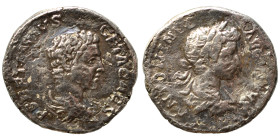 Caracalla and Geta, circa 198-222. Denarius (silver, 3.31 g, 18 mm), Rome or Laodicea ad Mare. ANTONINVS AVGVSTVS Laureate, draped, cuirassed bust rig...