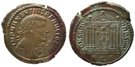 Maxentius, 307-310. Follis (bronze, 7.73 g, 27 mm), Aquileia. IMP MAXENTIVS P F AVG CONS II Laureate and mantled bust right, holding eagle-tipped scep...