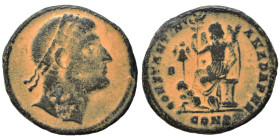 Constantine I, 307/310-337. Follis (bronze, 3.09 g, 19 mm), Constantinople. Diademed head right, eyes raised to God. Rev. CONSTANTINIANA DAFNE Victory...