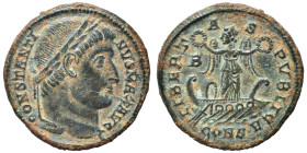 Constantine I, 307/310-337. Follis (bronze, 2.63 g, 19 mm), Constantinople. CONSTANTINVS MAX AVG Laureate head right. Rev. LIBERTAS PVBLICA Victory st...
