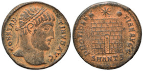 Constantine I, 307/310-337. Follis (bronze, 2.80 g, 19 mm), Antioch. CONSTANTINVS AVG Rosette-diademed head to right. Rev. PROVIDENTIAE AVGG Camp gate...