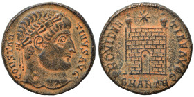 Constantine I, 307/310-337. Follis (bronze, 3.54 g, 19 mm), Antioch. CONSTANTINVS AVG Rosette-diademed head to right. Rev. PROVIDENTIAE AVGG Camp gate...