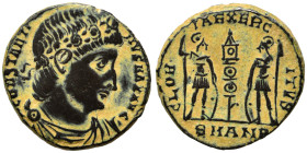 Constantine I, 307/310-337. Follis (bronze, 1.86 g, 15 mm), Antioch. CONSTANTINVS MAX AVG Rosette-diademed, draped and cuirassed bust right. Rev. GLOR...