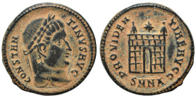 Constantine I, 307/310-337. Follis (bronze, 3.82 g, 19 mm), Nicomedia. CONSTANTINVS AVG Diademed head right. Rev. PROVIDENTIAE AVGG Camp gate, with tw...