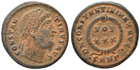 Constantine I, 307/310-337. Follis (bronze, 3.27 g, 18 mm), Heraclea. Laureate head right, with eyes to god. Rev. VOT/ XXX in two lines within wreath ...