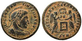 Constantine I, 307/310-337. Follis (bronze, 2.24 g, 17 mm), Arelate (Arles). IMP CONSTANTINVS MAX AVG Helmeted, laureate and cuirassed bust right. Rev...