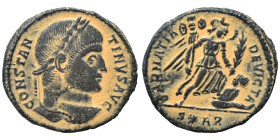 Constantine I, 307/310-337. Follis (bronze, 2.82 g, 19 mm), Arles (Arelate). CONSTANTINVS AVG Laureate head right. Rev. SARMATIA DEVICTA Victory stand...