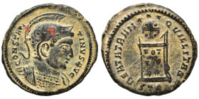 Constantine I, 307/310-337. Follis (bronze, 3.70 g, 20 mm), Treveri. CONSTANTINVS AVG Helmeted and cuirassed bust right. Rev. Globe set on altar inscr...