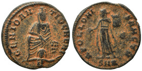 Time of Maximinus II, 310-313. Follis (bronze, 1.06 g, 15 mm), ‘Persecution’ issue, Antioch. GENIO ANTIOCHENI Tyche of Antiochia seated facing on rock...