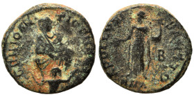 Time of Maximinus II, 310-313. Follis (bronze, 1.57 g, 15 mm), ‘Persecution’ issue, Antioch. GENIO ANTIOCHENI Tyche of Antiochia seated facing on rock...